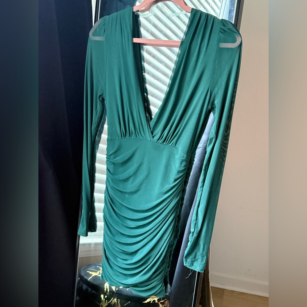 Fashion Nova Green Ruched Bodycon Dress with Bishop Sleeves
